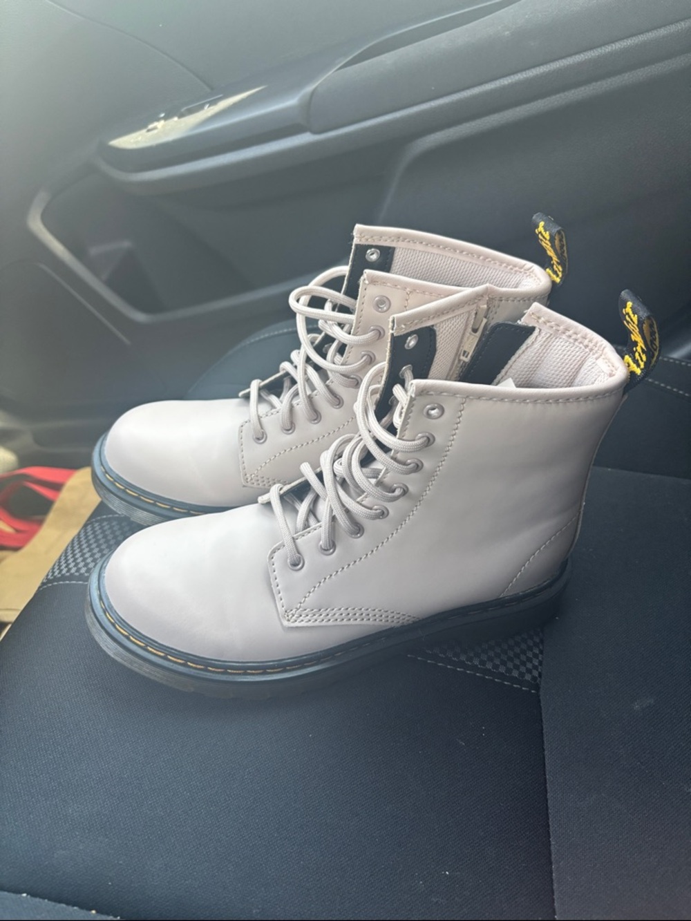 Dr. Martens Light Beige Lace-Up Boots with Yellow Stitching